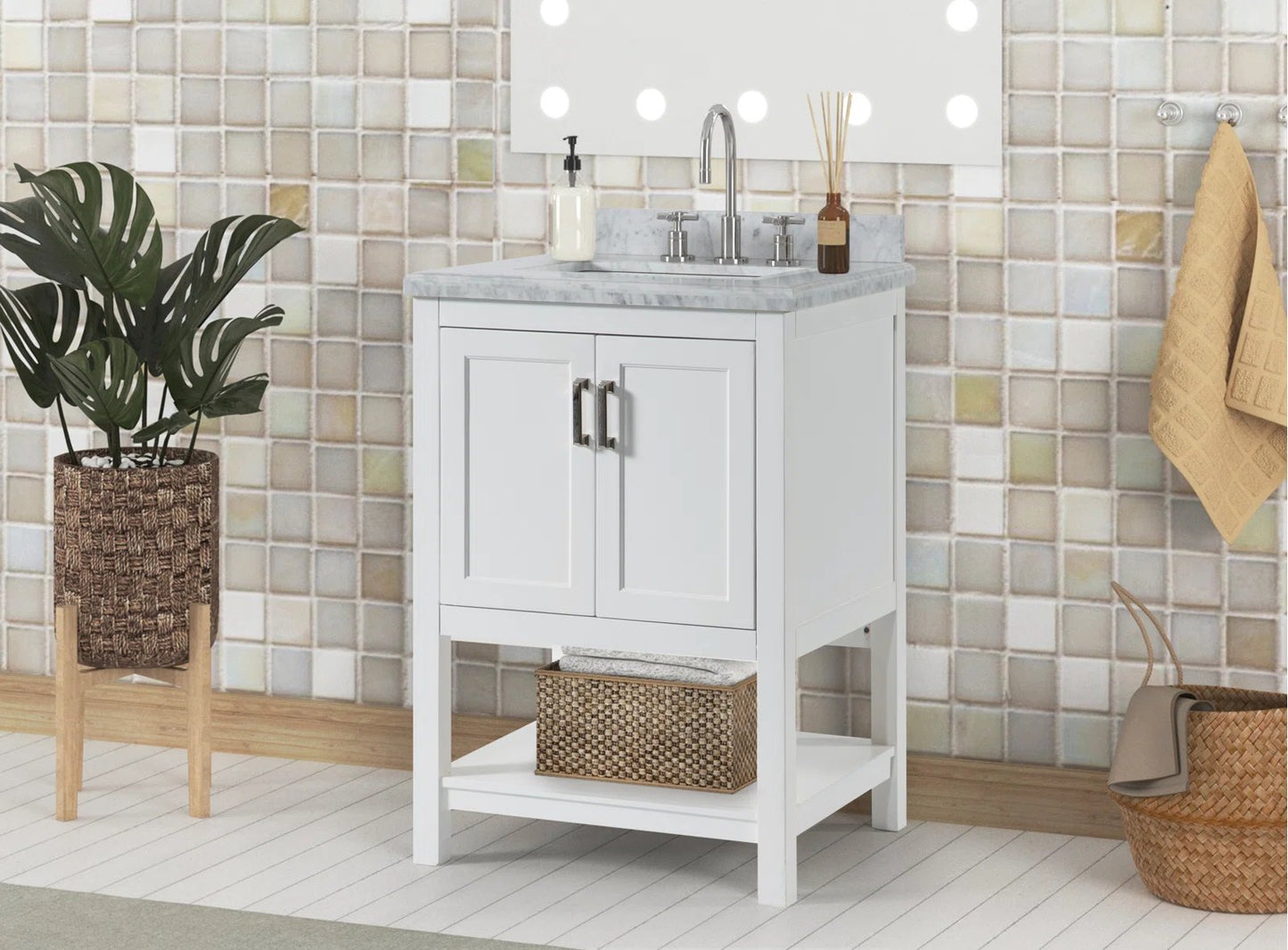 25" Single Sink Bathroom Vanity with Marble Top - White