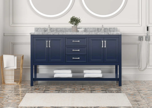 61" Double Sink Bathroom Vanity with Marble Top - Blue