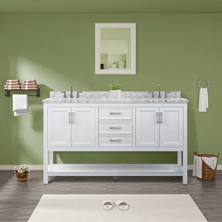 61" Double Sink Bathroom Vanity with Marble Top - White